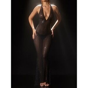 Oh Polly Black Sheer Beaded Halter Maxi Dress Open Back Mesh Gown US 12 NWT‎